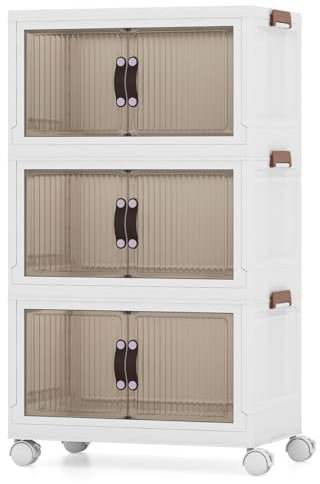 COSTWAY Foldable Shoe Storage Box, 3-Tier Stackable Storage Bins with Lid and Lockable Wheels, 96L/225L Collapsible Shoe Boxes Cabinet Closet Organizer Containers for Living Room Bedroom (49x30x86cm)