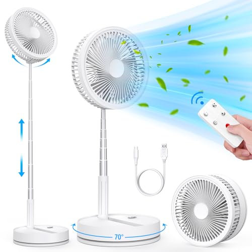 Ventilatore a Piantana con Telecomando, Ventilatore Silenzioso Portatile Oscillante, 7200mAh Ricaricabile Batteria Fan da Tavolo, 8 USB Altezza Regolabile Pieghevole per Camera da Letto Viaggio