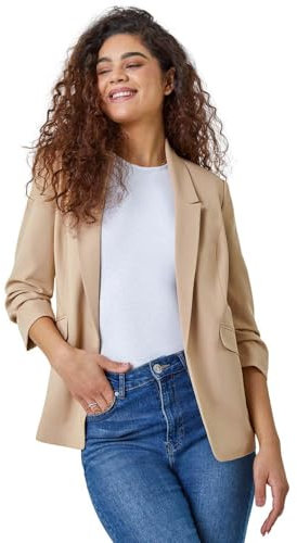 Roman Originals Ruched Sleeve Stretch Blazer for Women UK - Ladies Everyday Holiday Spring Summer Edge to Edge Opening Comfy Soft Evening Vacation Work Party - Natural - Size 12