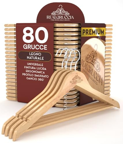 80 Grucce Appendiabiti in Legno Naturale per Vestiti Abiti Giacche Camicie - RealGruccia Barra porta Pantaloni Tacche Antiscivolo e Gancio Girevole 360° - Finitura Lucida e Profilo Smussato - 22x45cm