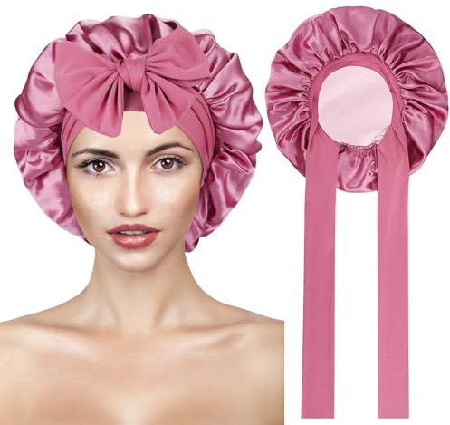 Kiiwah Satin Schlafmütze Silk Bonnet, Verstellbare Seidenhaube zum Schlafen Doppelseitig Nacht Haarhaube Kopfhaube Schlafhaube Seide Duschhaube für Damen und Mädchen