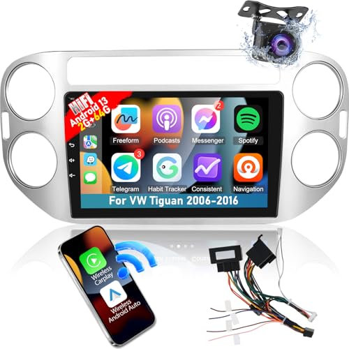 Autoradio para VW Tiguan 2006-2016 - Pantalla Táctil HD de 9 Pulgadas Android 13 Radio Coche - Inalámbrico Carplay y Android Auto/HiFi Sound/GPS Navi, WiFi, SWC + AHD Cámara de Seguridad + Canbus