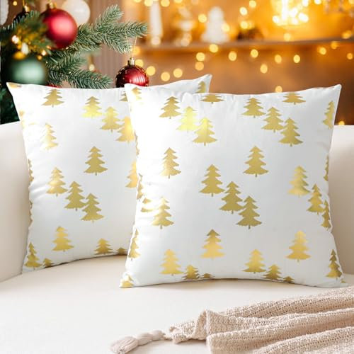 Ohok Weihnachten Gold Heißpräge Samt Kissenbezug, 2er Set Dekorativ Kissenhülle Deko Sofakissen Couchkissen Zierkissenbezüge für Sofa Wohnzimmer Schlafzimmer (Weiß Weihnachtsbaum, 50x50cm)