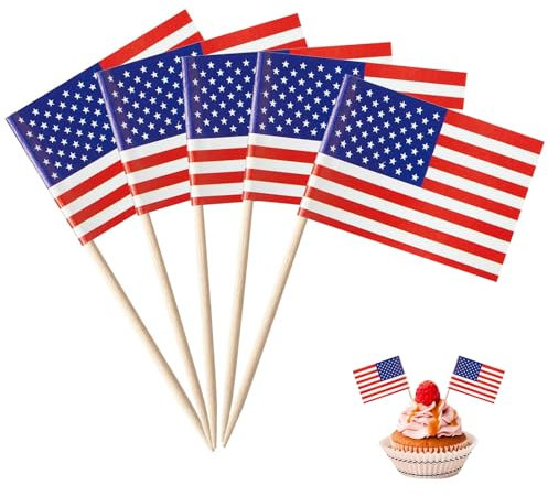 Catelves 100 Stück Amerika Zahnstocher,USA Flaggen USA Deko Party Spieße Fingerfood,Amerika Cocktail Stick,Olympia Flagge USA Cupcake Toppers,Cocktail Zubehör