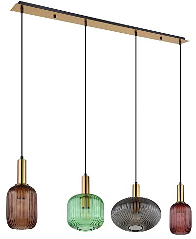 GLOBO LED Pendelleuchte Hängelampe Esszimmerleuchte 4-flammig Retro Designlampe, Bunte Glasschirme, Metall, messing schwarz, 4x 7W 4x 806lm warmweiß, LxBxH 115x30x120 cm