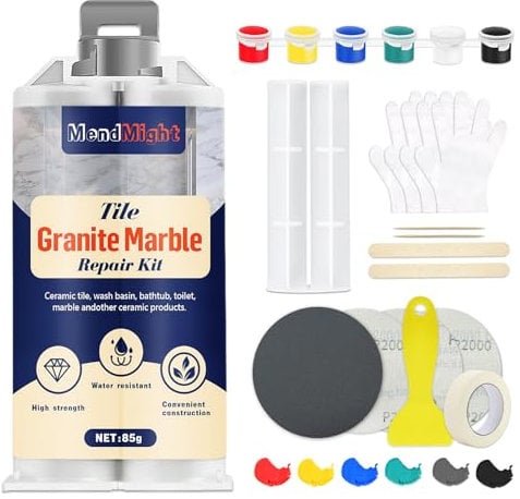 Kit de Reparación de Azulejos y Granito/Mármol, Kit de Reparación de Encimeras de Porcelana, Piedra y Cuarzo para Contraarrestar Astillas, Abolladuras, Grietas, Agujeros y Arañazos, Repara los Bordes