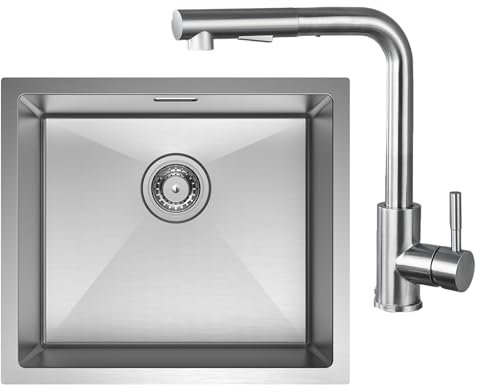 CECIPA Küchenspüle Edelstahl 50 X 44 cm + Wasserhahn Küche ausziehbar, Spülbecken mit Armatur, Komplettset Spülbecken Eckig, Einbauspüle Klein, Spüle für 50 cm Unterschrank, gebürstet