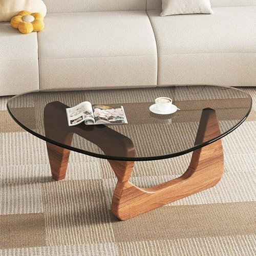 Triangle Couchtisch aus Glas, Mid Century Couchtisch mit dreieckigem Massivholzsockel und verdicktem gehärtetem Glas, Beistelltisch, Beistelltisch, für Wohnzimmer, Home Office (Grau, 114 × 82 × 41 cm)