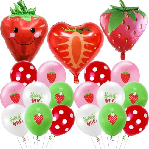 19 Stück Erdbeerballons, Erdbeer Geburtstag Deko 1 Erdbeer Geburtstags Party Dekorationen Süßer Erdbeer Folienballon für Mädchen Partyzubehör zum Ersten Geburtstag mit Beeren