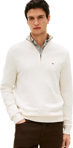 Tommy Hilfiger Herren Pullover mit Reißverschluss Essential Cotton Mock Halbzip, Elfenbein (Ivory Petal), L