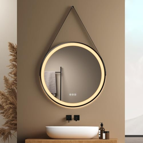 EMKE Badspiegel mit Beleuchtung Rund 60cm, Badezimmerspiegel mit 3 dimmbaren Lichtfarben, Antibeschlag, Touchschalter, Speicherfunktion, Schwarzer Runder Spiegel mit Spiegelband