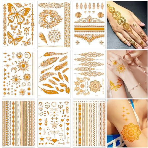 Zasiene Tatouage Ephemere Femme Doré, 9 Feuilles Autocollants de Tatouages Ephémère Métallisé Doré, Faux Tatouage Festival Fête, Aux Adultes, Filles, Festival Fête(Style B)