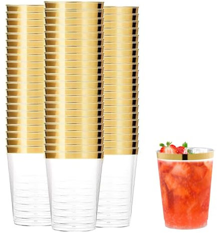 DYUEE 60PCS Gold Rimmed Cups, 12oz Clear Reusable Wedding Cups, Elegant Party Cup with Gold Rim for Cocktail, Champagne, Beer, Martini, Dessert, for Party's & Weddings