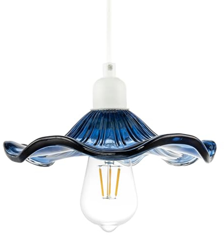 Modern Designer Ribbed Midnight Blue Glass Pendant Lighting Shade with Wavy Ruffled Edge | 6cm x 23cm | Chic Curving Etched Lines by Happy Homewares