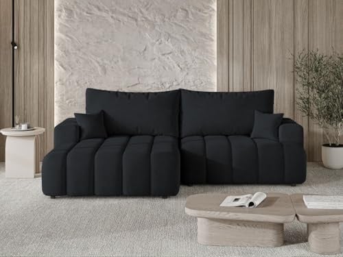 GRAINGOLD Caleo Ecksofa modern mit Bettfunktion, 270x170 cm, L-Form Sofa, Schlafcouch für Wohnzimmer, Velour-Stoff, 3-Sitzer Eckcouch, Ecksofa mit Bettkasten (Schwarz, Links)