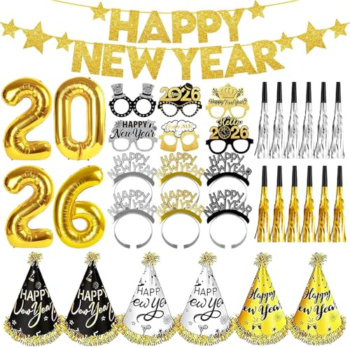 New Years Eve Decorations 2026, 35 PCS Happy New Year 2026 Decorations with Banners, Letters Balloons, Glasses, New Year Headbands, Hats, Whistles, for Birthday Christmas New Years Eve Party Supplies