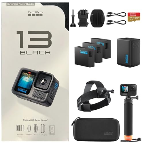 GoPro HERO13 - Fotocamera nera con 3 batterie Enduro, impermeabile, 5.3K60, con caricabatterie a doppia batteria e scheda SD SanDisk Extreme da 64 GB, cinghia per la testa 2.0 e impugnatura