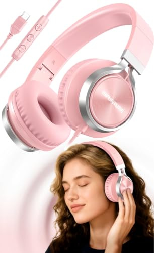 INFURTURE USB C Headphones Wired Over-Ear Pink Headphone with Microphone | No Charging. Plug & Play. Crisp Calls. Lightweight Comfort. Tangle-Free Cable. Ideal for Students & Frequent Travellers