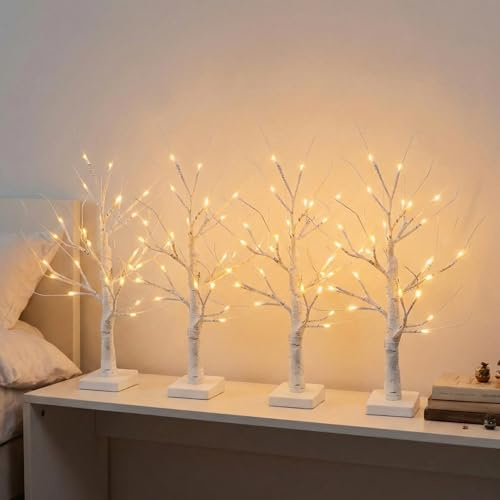 Juego de 4 árboles de Navidad Blancos con Luces de 2 pies, Adorno de árbol de Abedul con 24 Luces LED Blancas cálidas, Funciona con Pilas, decoración de Mesa para Navidad, hogar, Fiesta, Boda
