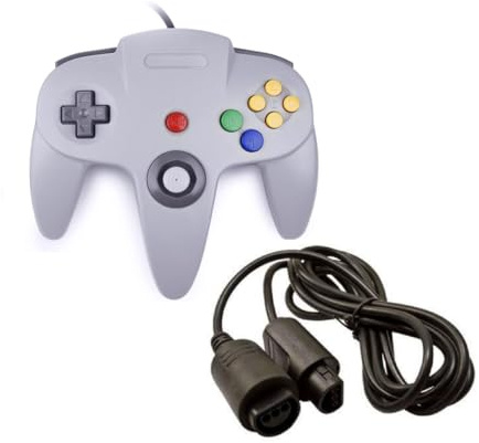 Manette Compatible 64 N64 + Câble Rallonge 1,8 m – Joypad Filaire Gris, Joystick Analogique, Compatible Rumble Pak – Straße Game®
