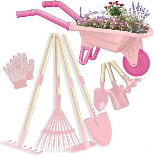 Racocou Kids Metal Wheelbarrow & Garden Tool Set, Beach Sand Toys, Outdoor Educational Pretend Play, Preschool Sensory Training,Pink
