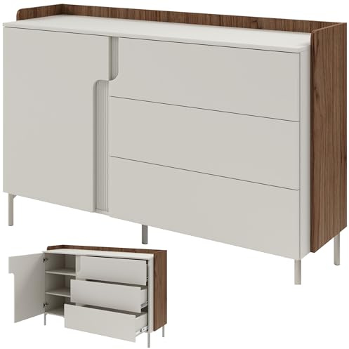 Beautysofa24 POSITIVO Sideboard 143x95x42 cm, Kommode mit 3 Schubladen und 1 Tür, Schrank mit Metallbeinen, Tip-ON-System, Alba Nussbaum