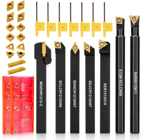 HZOUHONG Drehmeißel mit Hartmetall Wendeschneidplatten Set (12 mm) | Drehwerkzeughalter Wendeplatten Set mit 7 Pcs Drehstahl Bohrstange, 14 Pcs Hartmetalleinsätze, 7er Schraubenschlüssel