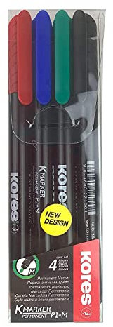 Kores - K-Marker P1 : Marqueurs Permanents de Couleur, Pointe Fine en Fibre, Encre Résistante à l'Eau et à Faible Odeur, pour Toutes les Surfaces, Paquet de 4 Couleurs Assorties