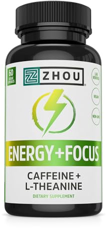 Zhou Energy + Focus - L Theanine Caffeine Pills, 200mg L-Theanine, 100mg Natural Anhydrous Caffeine Boost for Adults, Men & Women, Slow Extended Release - 60 Vegetarian Capsules (Pack of 1)