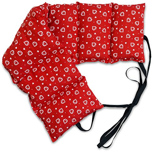 Coussin aux noyaux de cerises à 7 compartiments avec sangles - 65x15 cm - Rouge avec des coeurs - Bouillotte sèche - four et micro-ondes