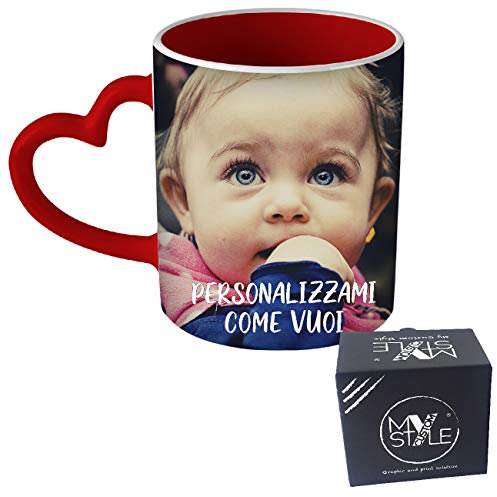 My Custom Style Tazza Ceramica Cuore Personalizzata, Interno e Manico Rosso
