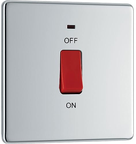 BG Electrical Cooker Control Switch Unit with LED Power Indicator, Single Plate, Double Pole, Flatplate Screwless, Polished Chrome, 45A, FPC74
