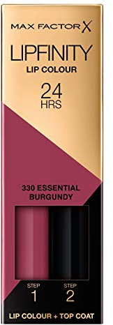 Max Factor Lipfinity Lip Colour Rossetto a Lunga Durata 2 in 1 con Finish Lucido, Rossetto Liquido e Balsamo Idratante per Labbra Morbide e Lucenti - 330 Essential Burgundy, 2,3 ml + 1,9 g