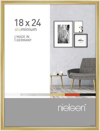 nielsen Bilderrahmen, 18 x 24 cm, Aluminium, Gold glanz, Fotorahmen zum Auftstellen und Aufhängen im Hoch- & Querformat, Echtglas, Pixel