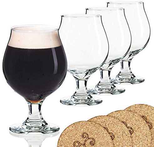 Libbey Bierglas im belgischen Stil mit Stieltulpe - 473 ml Lambische Biergläser - Set mit 4 Untersetzern