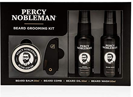 Percy Nobleman Bartpflege-Set – Komplettes Männer Geschenkset mit Bartöl 50ml, Bartwaschmittel 50ml, Bartbalsam 20ml und Bartkamm für Reinigung, Pflege, Weichheit und tägliche Bartpflege