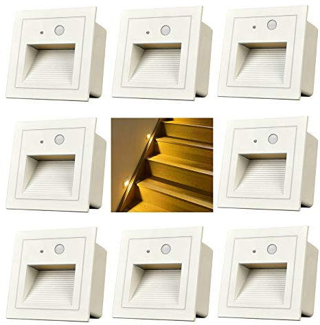 Arote 3W 8Pcs Blanc LED Applique Encastré Murale d'escalier Carré avec Détecteur de Mouvement, éclairage étape escalier lampe (Blanc 3000K, 8 pack)