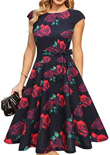 DRESSTELLS Vintage Tea Dress for Women, Modest Bridesmaid Dress for Wedding, Casual Floral Work Dresses, 1950s Cocktail Party Dresses, Fit Flare Prom Dress Black Rose S
