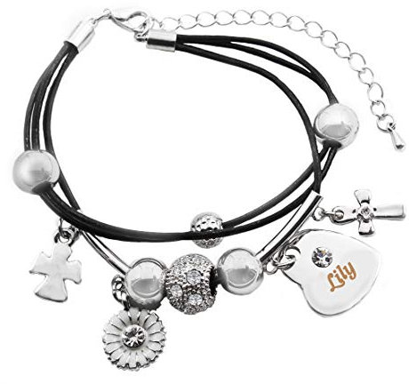 Kigu Lily Name Bracelet - Genuine Leather Multi Strand Bracelet & 18K White Gold Plated Engraved Heart Charm