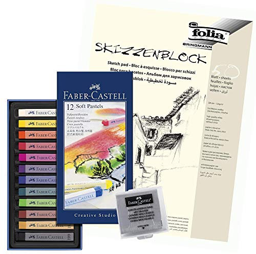 Faber-Castell 128312 Creative Studio Softpastellkreide, 12 Farben Sortiert im Kartonetui (Kreide + Block + Radierer, 12 Farben)