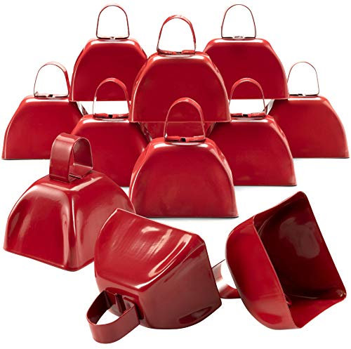 Kuhglocken aus Metall – rote 3-Zoll-Kuhglocken, Geräuschmacher, Laute Rufglocke mit Griffen für Sportveranstaltungen, Jubel, Teamgeist, Krachmacher, Hochzeiten, (12 Stück)