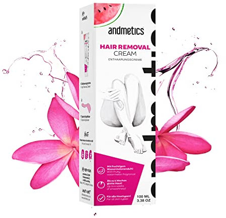 andmetics Haarentfernungscreme für Damen | rasche und präzise Haarentfernung | mit erfrischendem Wassermelonenduft | 100 ml Tube mit Abziehspachtel | keine Unebenheiten oder Schnitte mehr