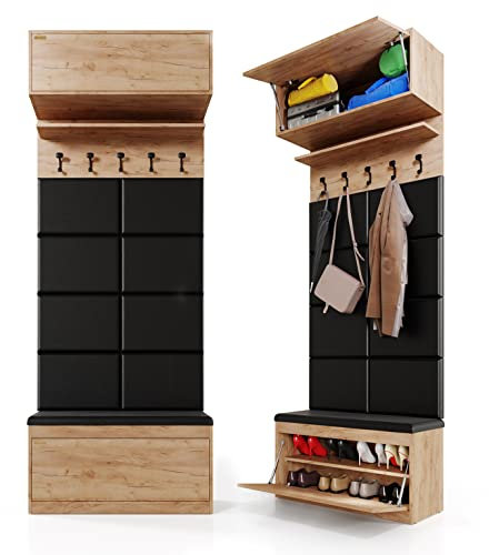 PLATAN ROOM Wand-Garderobe Set mit Garderobenpaneel & Schuhschrank & Hängeschrank 100 cm Flurgarderobe Garderobenset Flur Eiche Holz Weiß (4-TLG. mit 8 paneel, Eiche Gold)