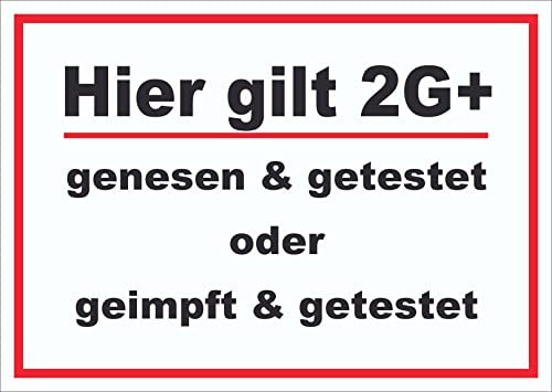 Hier Gilt 2G Plus Hinweis Schild mit Text waagerecht A3 Rückseite selbstklebend