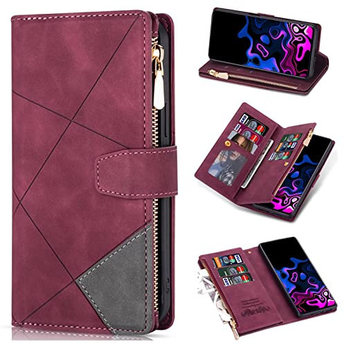 ESONG für Xiaomi Poco X3/X3 Pro/X3 NFC Hülle,360 Grad Stoßfest Handytasche Magnetic Klapphülle Case,Flip Wallet Leder Reißverschluss schutzhülle mit [Kartenfach][Standfunktion ] - rot