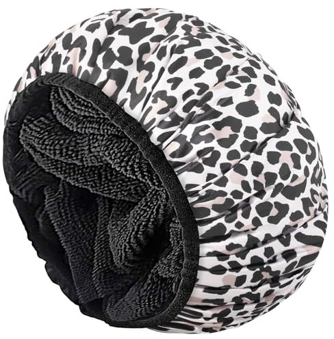 Aquior Shower Cap,Extra Large Triple Layer Bathing Cap with Dry Hair Function for Women Microfiber Terry Cloth Silky Satin 100% Waterproof Reusable Long Hair Bath Caps (Leopard)