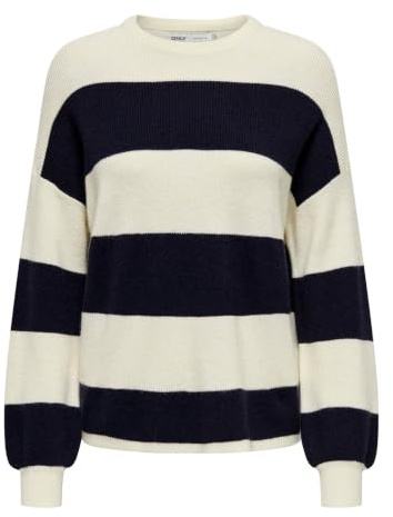 ONLY Women Knit Sweater Round Neck Long Sleeve Deep Set Shoulder Ribbed Cuffs, Colours:Black, Size:M