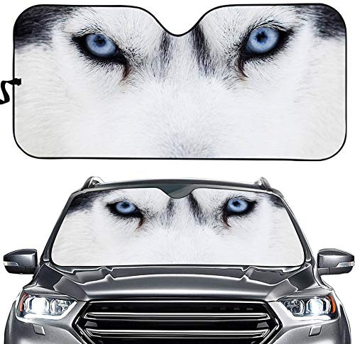 Hixingo Auto Frontscheibe, Sonnenschutz für Windschutzscheibe, 3D Tier Auge Motiv Frontscheibenabdeckung, Faltbares Design Auto Sonnenschutz, UV-Schutz, für meisten Autos (Schlittenhund)