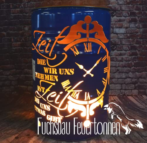 Fuchsbau Feuertonnen Feuertonne mit - Zeit - Motiv - Gefertigt aus 200L Ölfass - Besondere Feuerstelle für Garten und Terrasse - Hohe Feuerschale mit Rostoptik - 90 x 60 cm