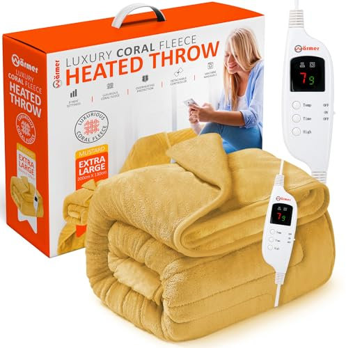 Warmer Electric Heated Throw Blanket - Digital Controller - 9 Hour Timer, 9 Heat Settings, Auto Shutoff, Detachable Controller - Machine Washable - Extra Large 200cm x 130cm